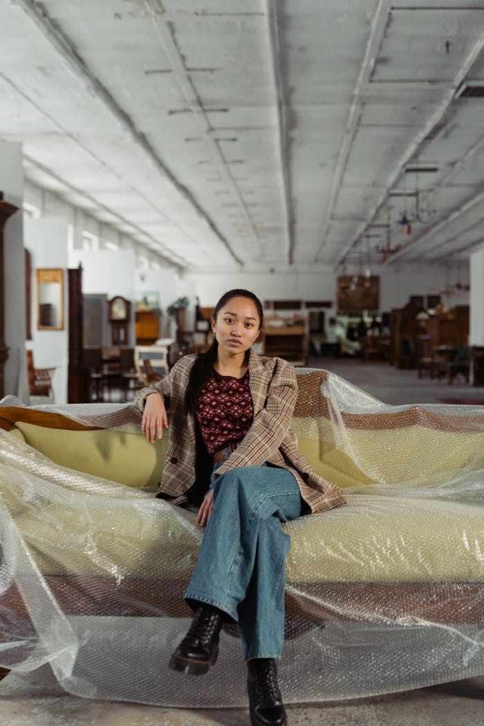 Fashionable woman sitting in a vintage store surrounded by antique furniture.